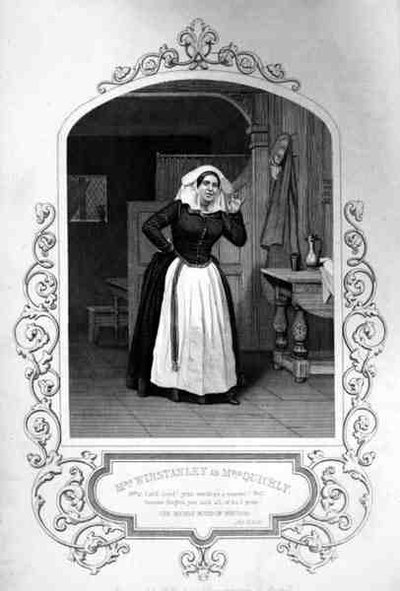 Mme Winstanley en Mme Quickly, Acte II Scène 2, dans Les Joyeuses Commères de Windsor par William Shakespeare, gravé par George Hollis d
