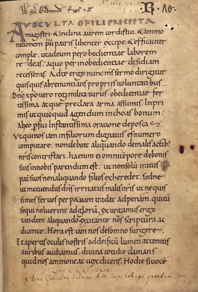 Ms. 197 f.1r Règle de Saint Benoît - English School