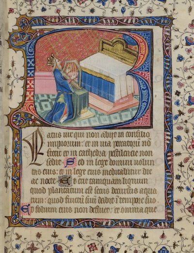 Ms 24 f.13 r. Psaume 1, David jouant de la harpe, du Psautier de Knightley, c.1380 - English School