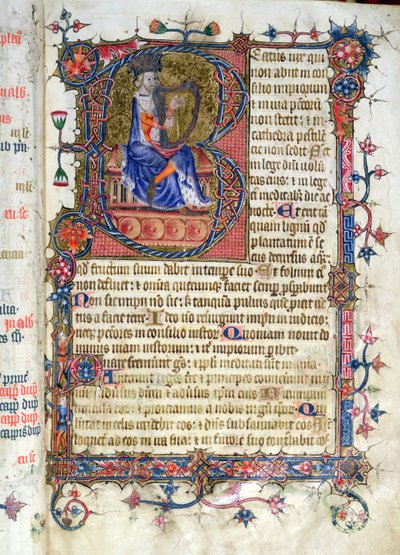 Ms 26 fol.7r. Psaume 1, David jouant de la harpe, du Psautier de l