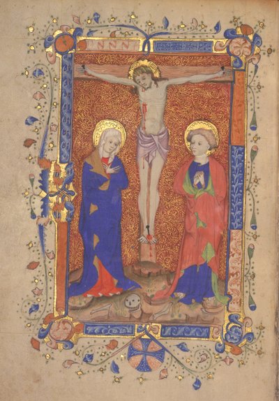 Ms 515 fol.108r Crucifixion avec Sainte Marie et Saint Jean-Baptiste, du Missel de Saint Botolph Aldersgate, vers 1420-30 - English School