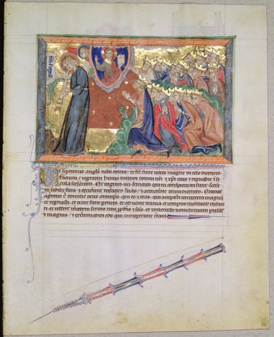 Ms L.A. 139-Lisboa fol.28 Le 7e ange soufflant dans sa trompette et les 24 anciens adorant Dieu, de l