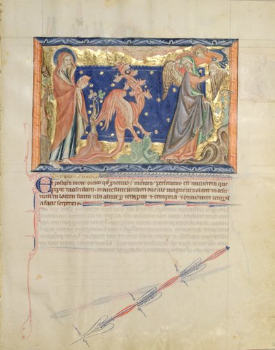 Ms L.A. 139-Lisboa fol.31 Saint Jean regardant un ange aider la femme à échapper au dragon rouge, de l