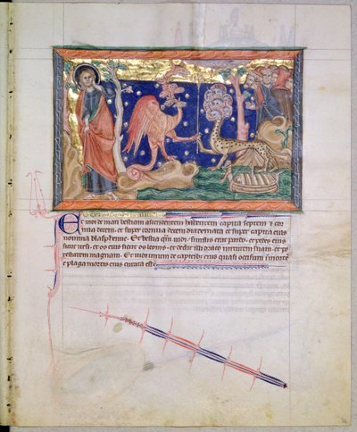 Le dragon rouge transmet son pouvoir à la bête de la mer, du Gulbenkian Apocalypse, c.1265-70 - English School