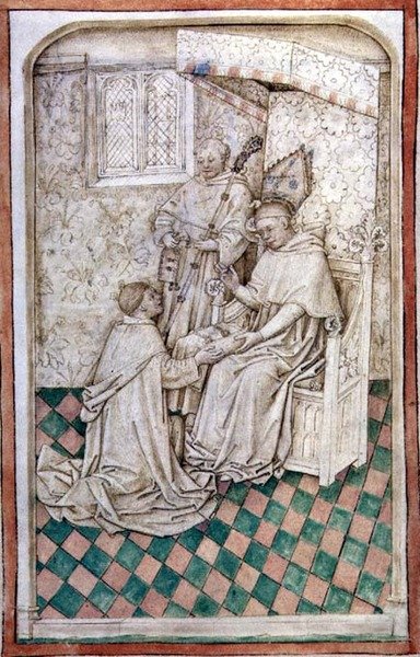 Ms R 14.5 f.8v Thomas Bekynton, évêque de Bath et Wells, reçoit Chaundler, du Missel d