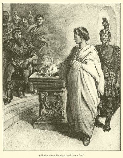 "Mucius a plongé sa main droite dans le feu" (gravure) - English School