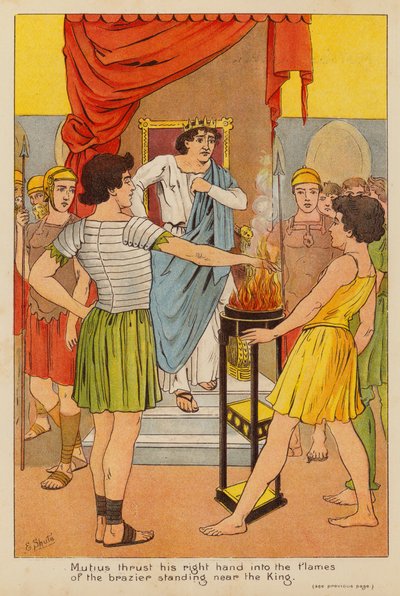 Mutius enfonça sa main droite dans les flammes du brasier près du roi - English School