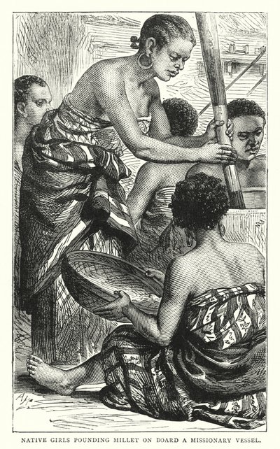 Filles indigènes pilant du millet à bord d