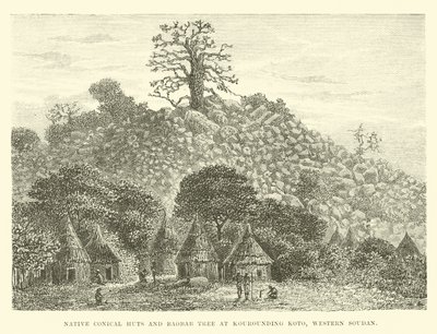 Huttes coniques indigènes et baobab à Kourounding Koto, Soudan occidental - English School
