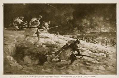 Coloration protectrice de la nature adoptée par les Highlanders sur un champ de bataille enneigé, 1914-19 - English School
