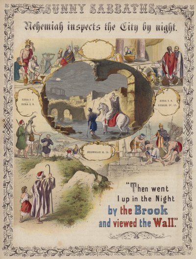 Néhémie inspecte la ville de nuit (gravure en couleur) - English School