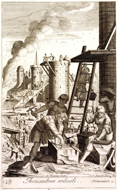 Néhémie reconstruisant les murs de Jérusalem (gravure) - English School