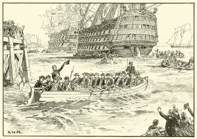 Nelson monte à bord de son navire amiral à Portsmouth - English School