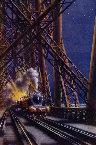 Train de nuit traversant le pont du Forth, Écosse - English School