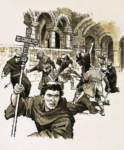 Les soldats normands tuent les moines rebelles dans leur église de Glastonbury. - English School