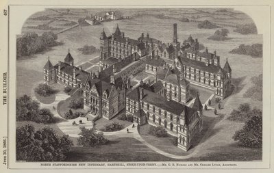 Nouvel Infirmary de North Staffordshire, Hartshill, Stoke-upon-Trent, MM. G B Nichols et Charles Lynam, Architectes (gravure) - English School