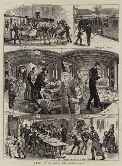 Notes dans un train de journaux matinal (gravure) - English School