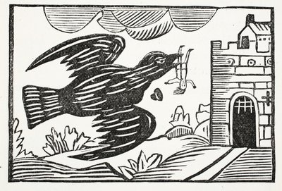 Maintenant par un corbeau de grande force, Pauvre Tom fut emporté, illustration de Chap-books du XVIIIe siècle par John Ashton, pub. 1882 - English School