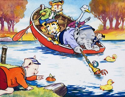 Animaux de la nurserie jouant dans un bateau - English School