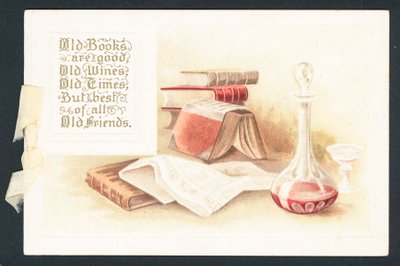 Vieux livres et carafe de vin, Carte de Noël - English School