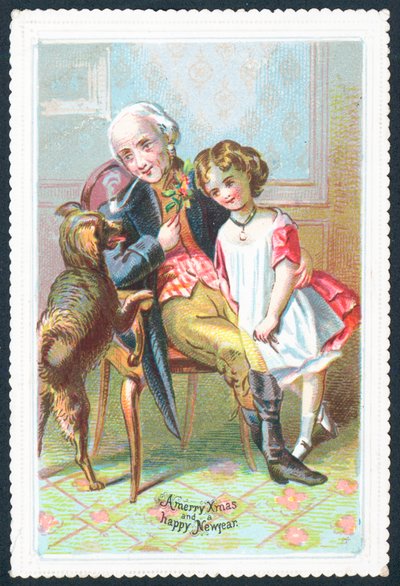 Vieux monsieur assis dans un fauteuil avec une fille et un chien - English School
