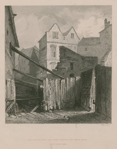Vieilles maisons avec la partie ouverte du Fleet Ditch près de Field Lane - English School