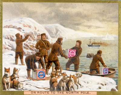 En route vers le pôle Nord, carte promotionnelle pour les biscuits Huntley & Palmers, vers 1890 - English School