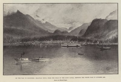 En route pour le Klondike, ville de Skagway, depuis la tête du canal Lynn, montrant le col White en octobre 1897 - English School