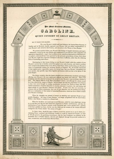 Lettre ouverte à Caroline, reine consort de Grande-Bretagne des imprimeurs de Londres - English School