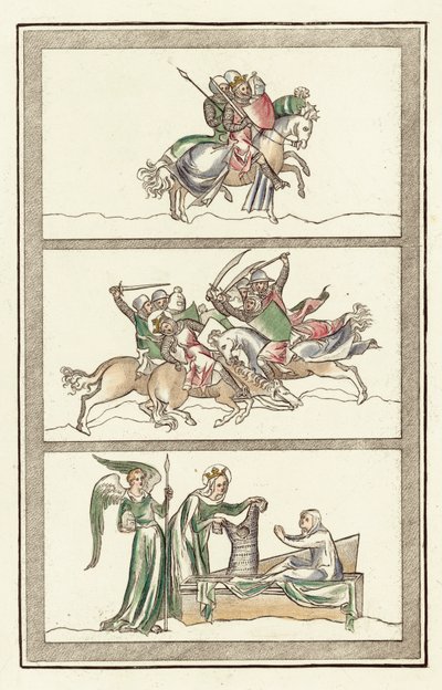 Oswald roi de Northumbrie avec son armée, bataille de Maserfield, miracle de la Vierge Marie - English School