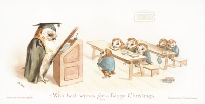 Hibou enseignant aux hiboux en classe, carte de Noël - English School