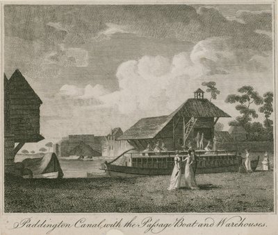 Canal de Paddington, Londres, avec le bateau de passage et les entrepôts - English School