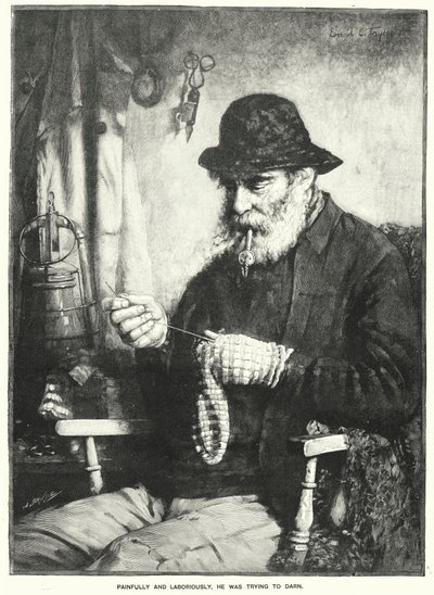 Péniblement et laborieusement, il essayait de Darn (gravure) - English School