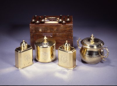 Paire de boîtes à thé et boîte à sucre de la reine Anne - English School