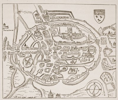 Vue panoramique de Canterbury au XVIe siècle, illustration de The Church of England: A History for the People par H.D.M. Spence-Jones - English School