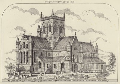 Église paroissiale de S. James, Great Grimsby, Lincolnshire, restauration proposée, vue du NE (gravure) - English School