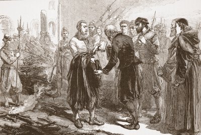 Séparation de Patrick Hamilton de ses amis au bûcher, illustration de L