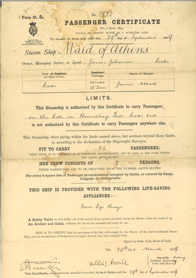 Certificat de passager pour le bateau à vapeur The Maid of Athens - English School
