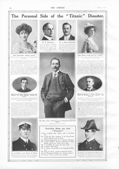 Passagers du RMS Titanic, photographies et informations sur des personnes notables liées au Titanic, de The Sphere, 27 avril 1912 - English School