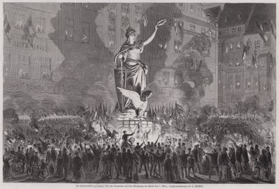 Célébrations de la paix devant la statue de Germania sur la place du marché de Leipzig, Allemagne, le soir du 5 mars 1870 - English School