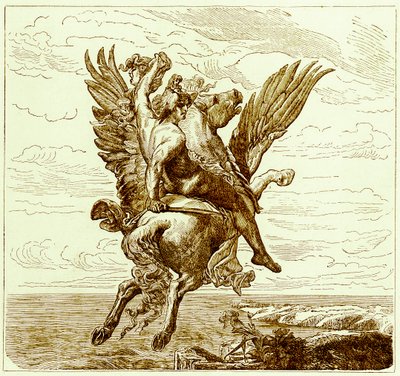 Persée sur le cheval ailé Pégase, avec la tête de Méduse, illustration de L