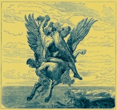 Persée sur le cheval ailé Pégase, avec la tête de Méduse, illustration de 