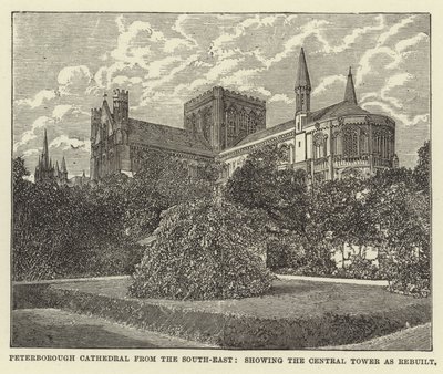 Cathédrale de Peterborough depuis le sud-est, montrant la tour centrale reconstruite - English School