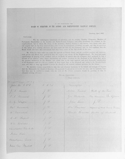 Pétition aux Directeurs de la Compagnie des Chemins de fer de Londres et du Nord-Ouest au nom d