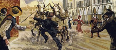 Pierre Curie a glissé en traversant la route et est tombé sous un cheval et une charrette - English School