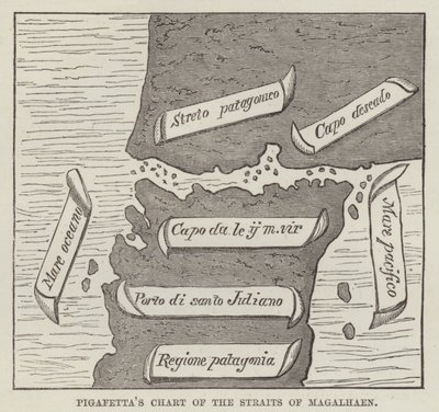 Carte de Pigafetta du détroit de Magellan (gravure) - English School