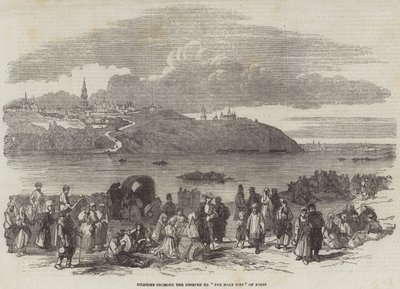 Pèlerins traversant le Dniepr vers "La Ville Sainte" de Kiev (gravure) - English School