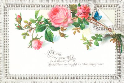 Roses roses et papillon bleu, Carte de Nouvel An - English School
