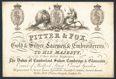 Carte de visite de Pitter & Fox, brodeurs en or et argent - English School