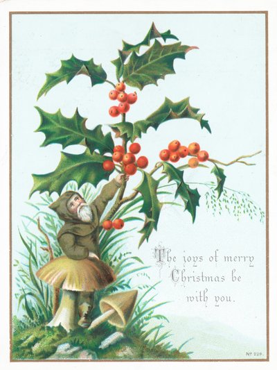 Lutin cueillant du houx, carte de Noël - English School